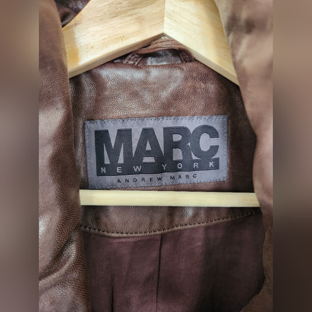 Marc New York Andrew Marc Brown Leather Funnel High Collar Jacket - Picture 10 of 15